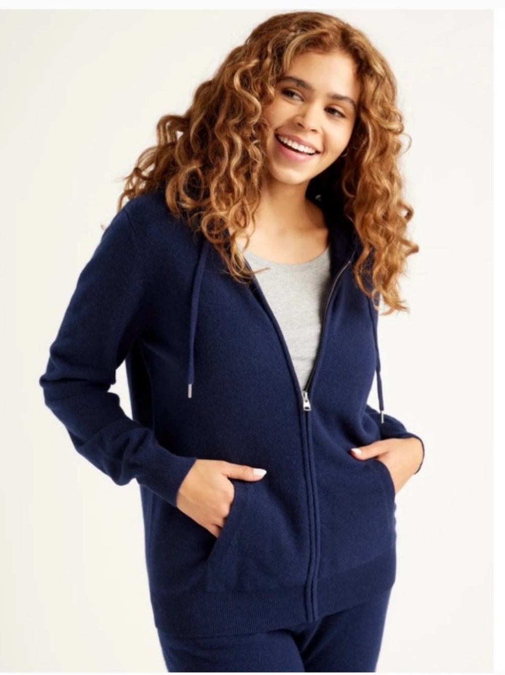 Quince Dark Navy Full-Zip Hooded Mongolian Cashmere Cardigan Sweater Small - Picture 2 of 10
